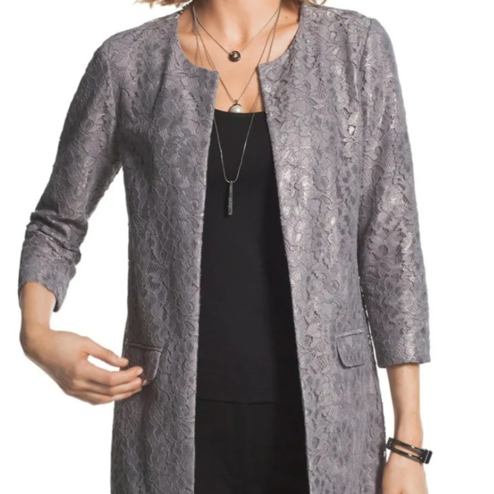 Chico's grey lace jacket 3/4 sleeve size 3